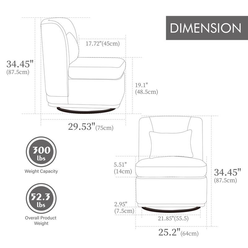 25.2" Wide Modern Chenille Upholstered Armless Metal Base 360° Swivel Chair with Pillow
