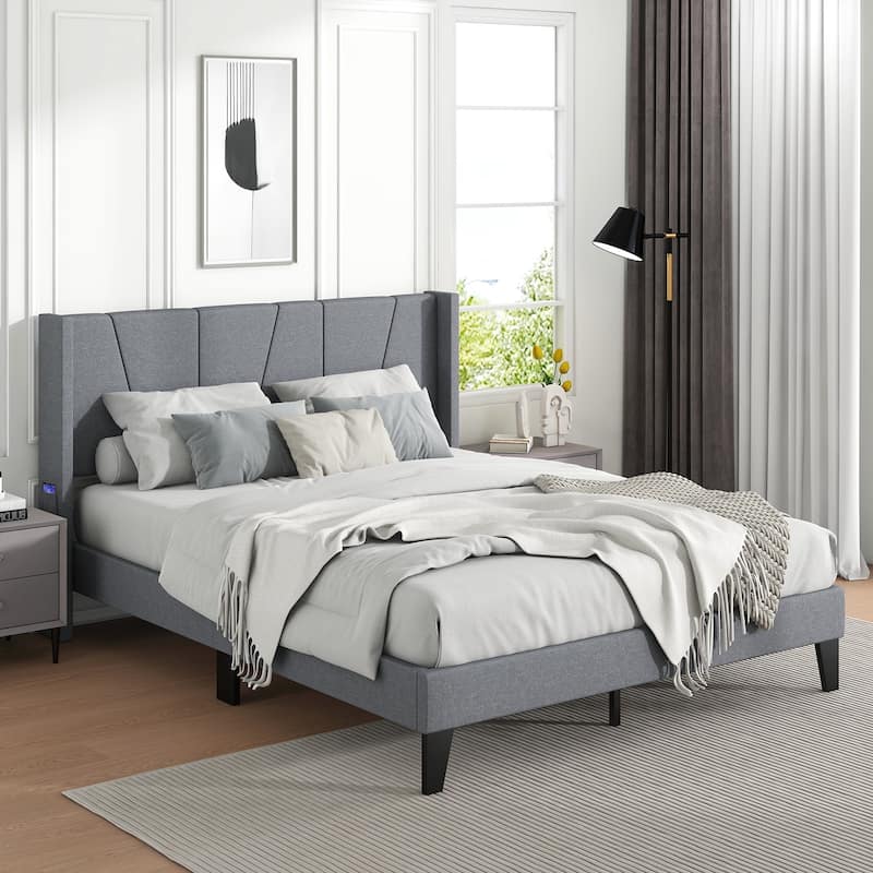 Bed Frame with Wingback Headboard and Wood Slat Support