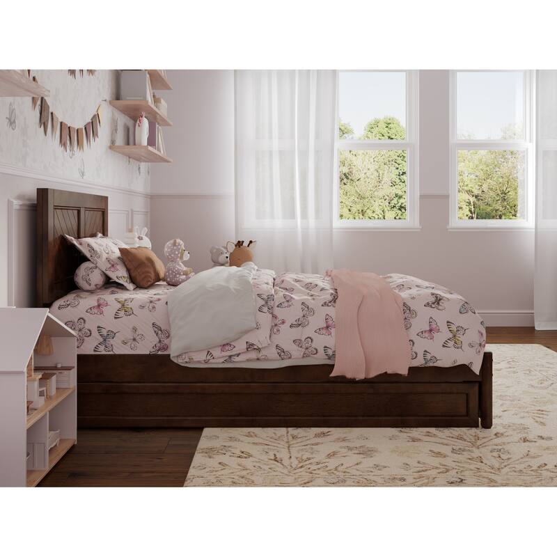 Twin Bed with Trundle, Panel Footboard, Hardwood Frame - Walnut Finish