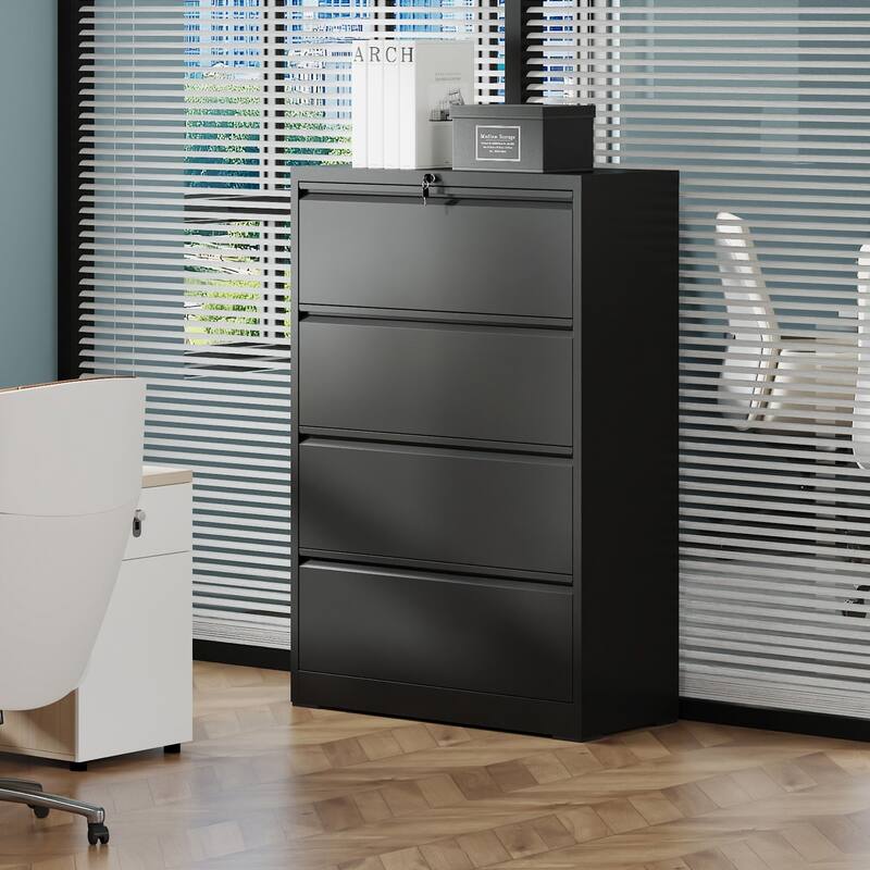 4 Drawer Lateral File Cabinet with Lock - Black