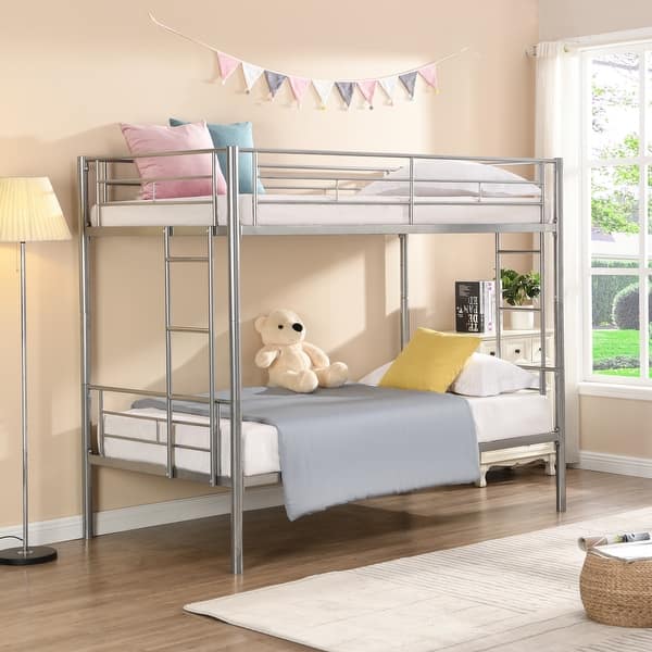 slide 2 of 8, Silver Twin over Twin Size Metal Bunk Bed with Ladder and Fence for for Bedroom, Kids, Boys and Girls Silver