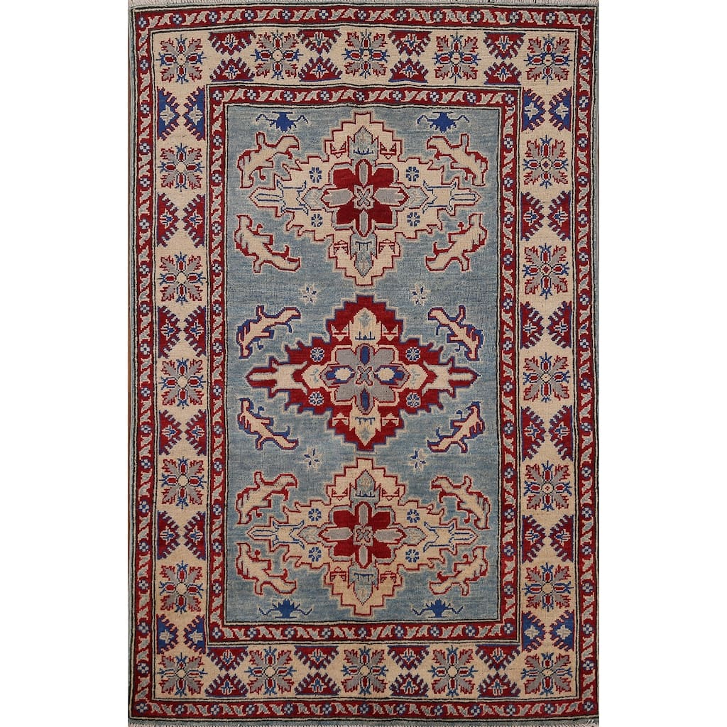 Light Blue Kazak Rug Hand-Knotted Traditional Wool Carpet - 3'11" x 6'0"