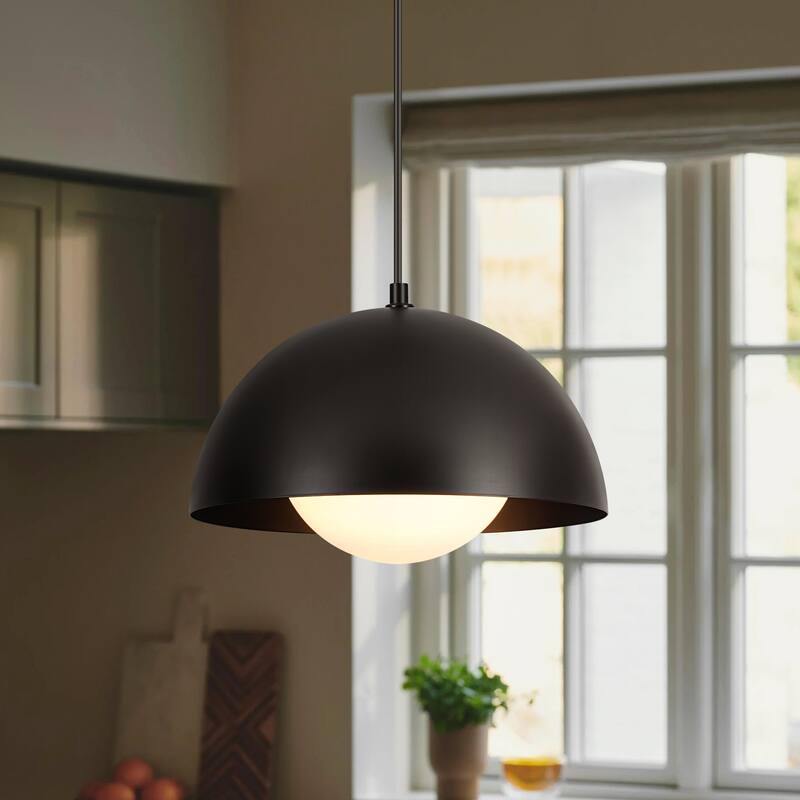 1-Light 11.8" Modern Farmhouse Black Dome Frosted Glass Globe Pendant Light for Kitchen Island - 11.8 in. W x 9.84 in. H - 11.8 in. W x 9.84 in. H - Black