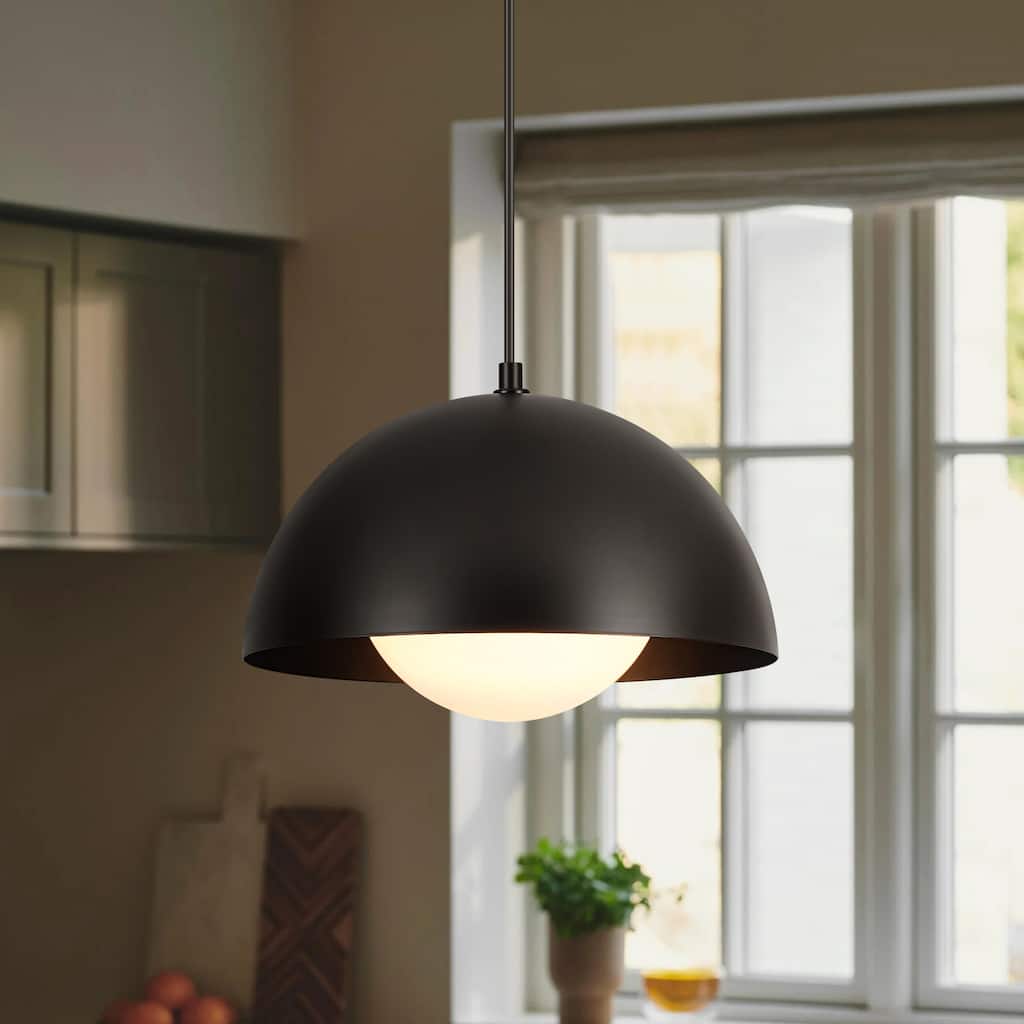 1-Light 11.8" Modern Farmhouse Black Dome Frosted Glass Globe Pendant Light for Kitchen Island - 11.8 in. W x 9.84 in. H