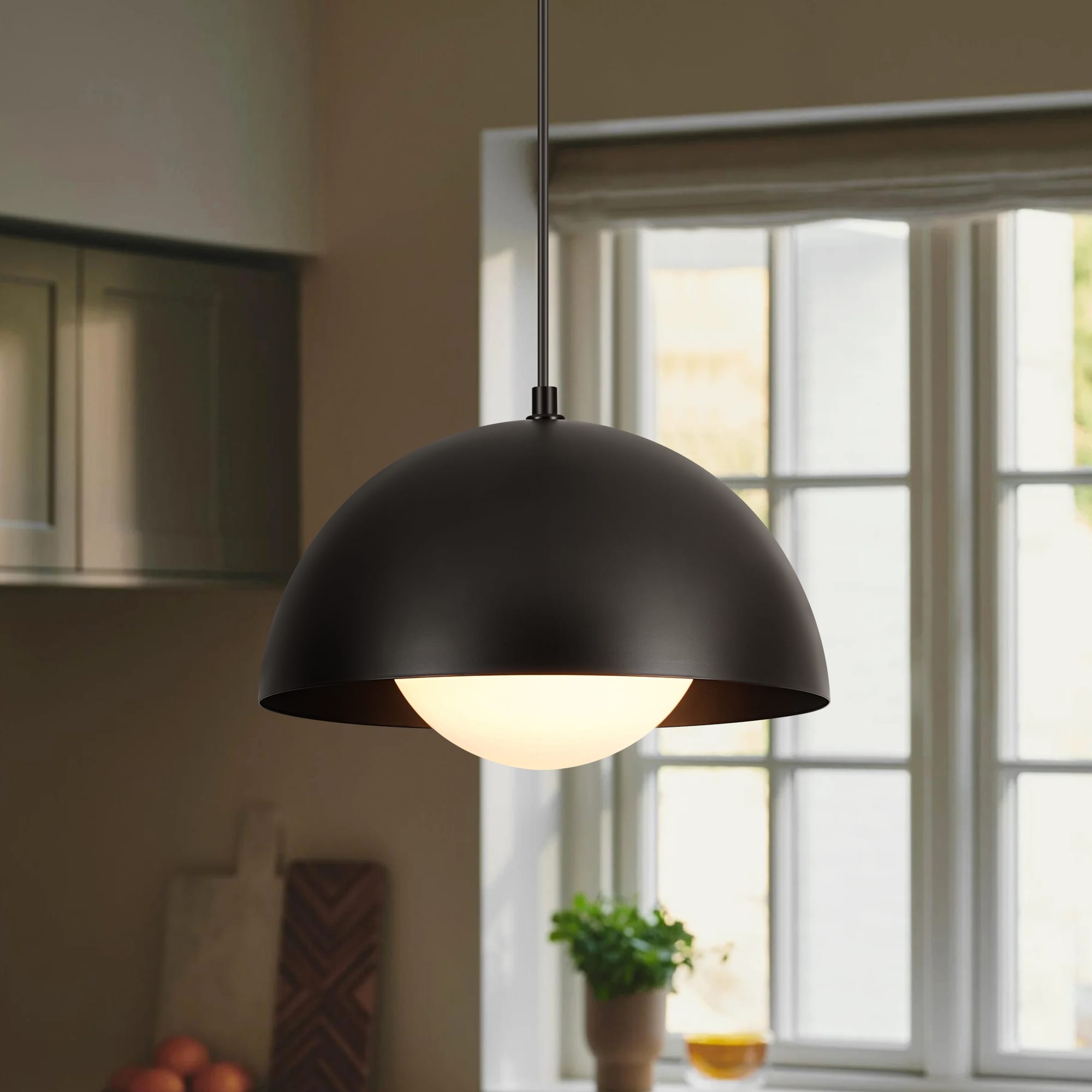 Rennnsan 1-Light 11.8" Modern Farmhouse Black Dome Frosted Glass Globe Pendant Light for Kitchen Island
