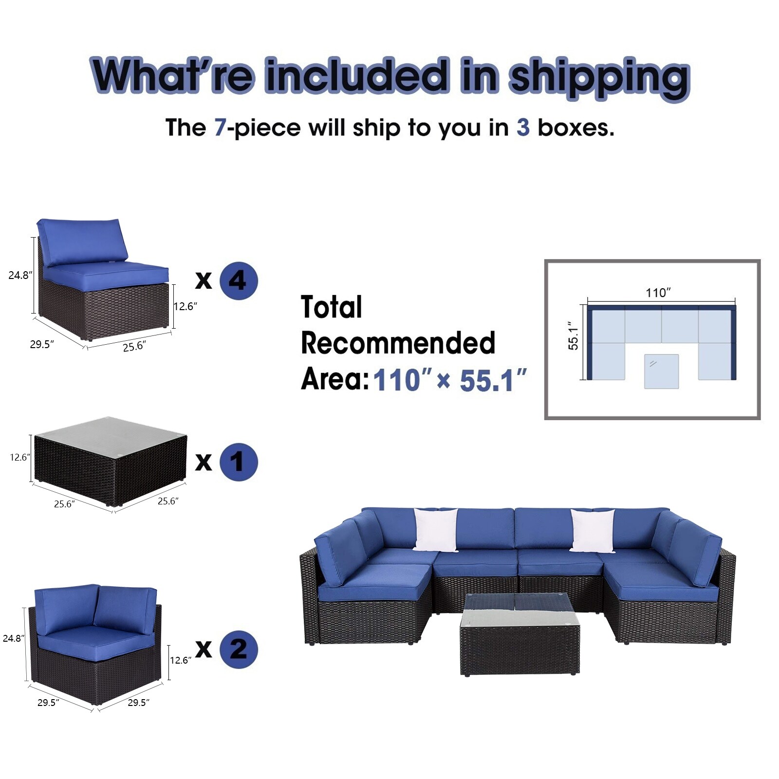 Kinbor 7pcs outdoor patio furniture sectional pe wicker rattan sofa set sale