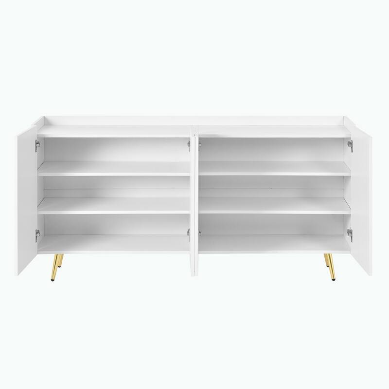 White 62.9" TV Stand Cabinet with 5 Metal Legs, 4 Adjustable Shelves and Gold Lines Doors for TVs Up to 70"