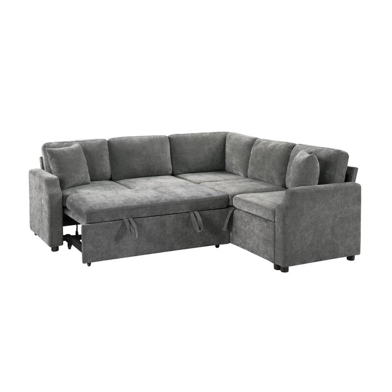 L-Shaped Sectional Sofa Bed, Chenille Upholstered Sleeper Sofa with Hidden Storage Compartment, 4 Seater Corner Sectional Sofa