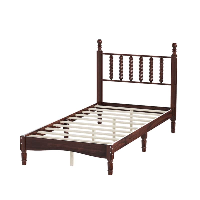Twin/Full/Queen/King Retro Style Wood Platform Bed with Gourd Headboard and Wooden Slat Support