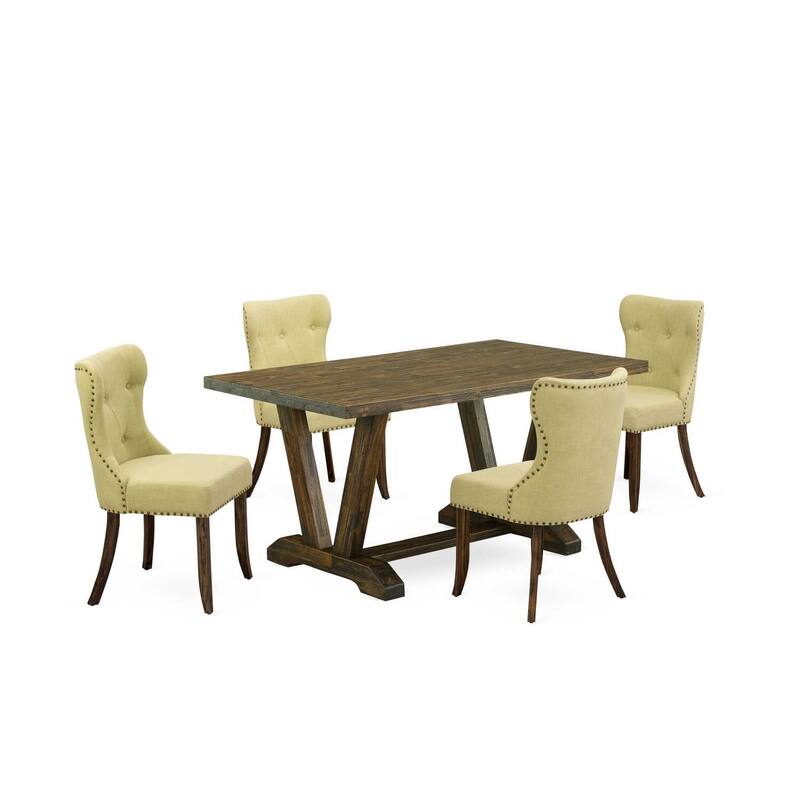 HomeStock 5-Piece Rectangle Distressed Jacobean Finish Solid Wood Top Dining Table with 4-Chairs
