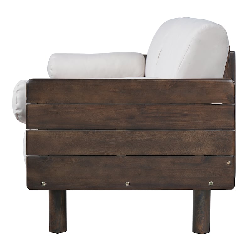 Christopher Knight Home - Mid-Century Acacia Wood Outdoor 3-Seater Patio Sofa with Water-Resistant Cushions and Bolster Pillows