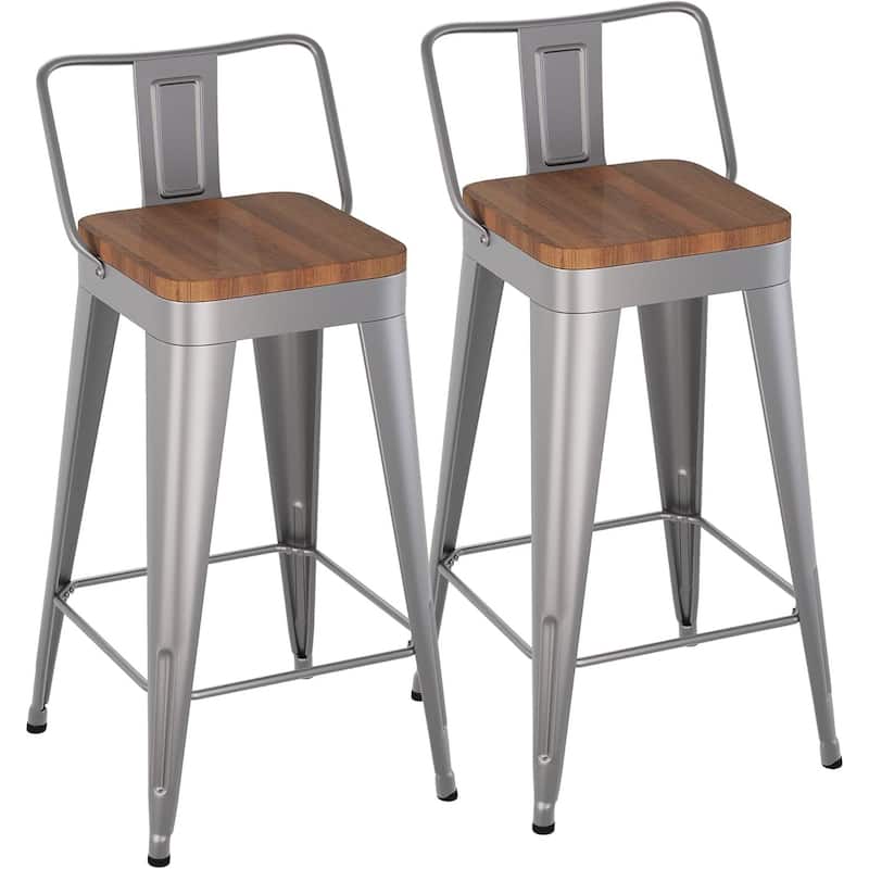 Counter Stools with Metal Frame Counter Height Bar stools with Low Back 24" Kitchen Bar Furniture Stools with Wooden Seat - Set of 2 - silver
