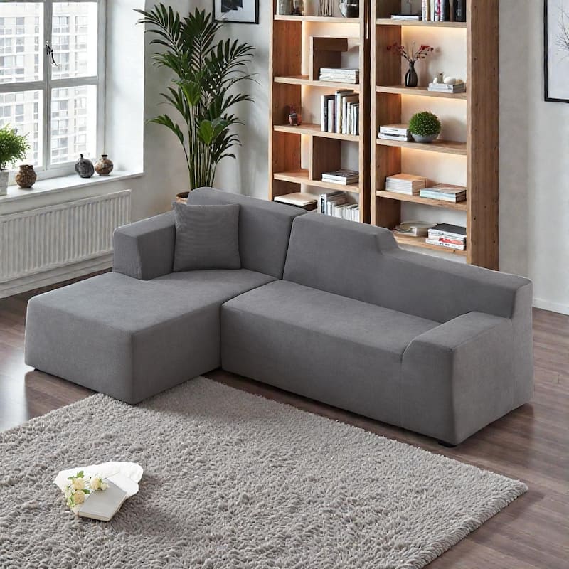 Modern Minimalist L Shaped Corduroy Sofa, High Back Sectional Couch for Living Room - Dark Grey