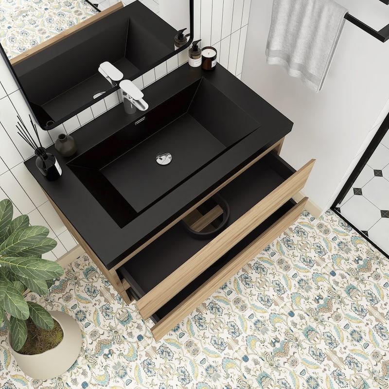 MDF Wall-Mounted Bathroom Vanity Set in Oak with Integrated Culture Marble Sink