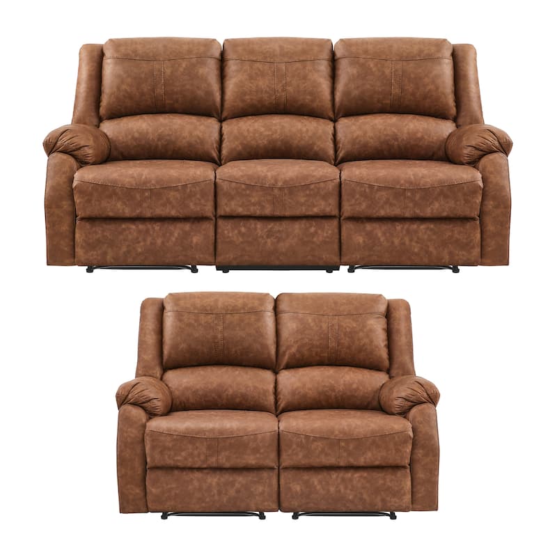 Modern Manual Recliner Chair, 2-Piece Faux Leather Reclining Sofa Set For Living Room, Black / Saddle Brown / Brown Double Color