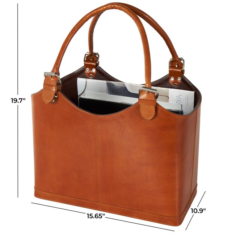 Brown or Black Leather Handmade Box Style Single Slot Decorative Magazine Holder with Detail Stitching and Curved Buckle Handles