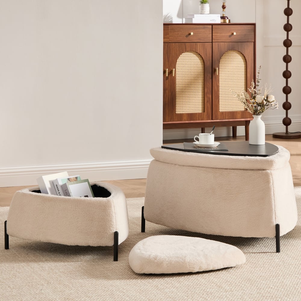 2-Pieces Upholstered Storage Ottoman Set With Reversible Lid And Metal Legs