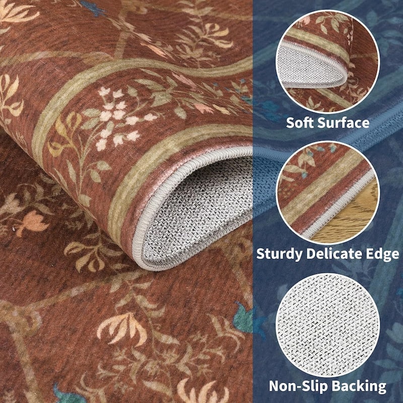 Floral Neutral Washable Hallway Low Pile Area Rug for Bedroom, Living Room, Red - 2' x 3'