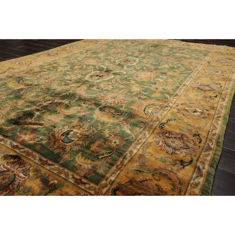 6'3''x9'3'' Hand Knotted Wool Green Plush Pile Traditional Botanical Agra Gold Wash Silky Sheen Rug - 6' 3'' x 9' 3''