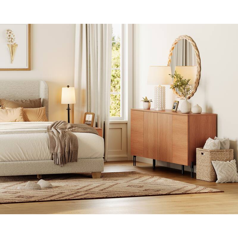 WAMPAT Modern Minimalist Nightstand And Bedside Cabinet Set, Reeded Bedroom Set, Oak Wooden Chest With Hidden Handles