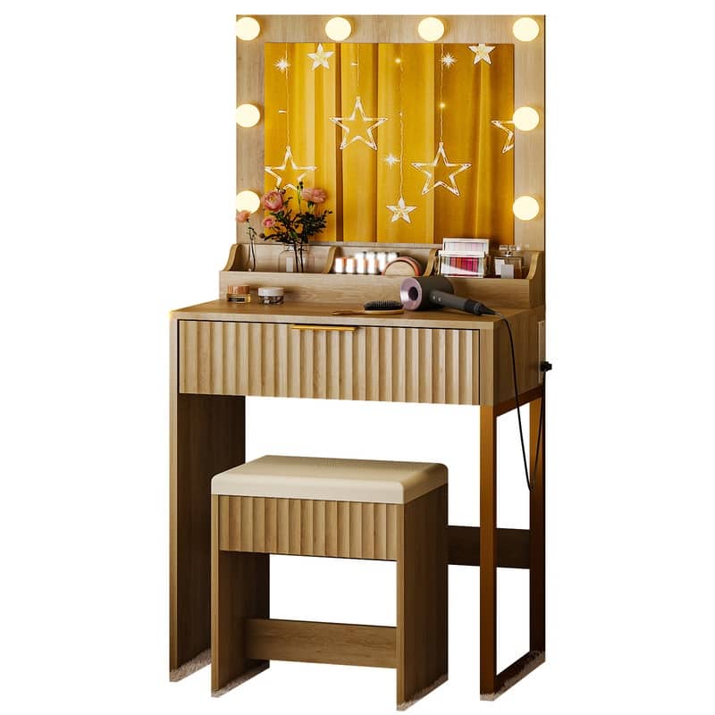 Particle Board Veneered with Textured Melamine, 1-drawer 3-compartment Dressing Table Set with 8 Three-color Dimmable Bulbs