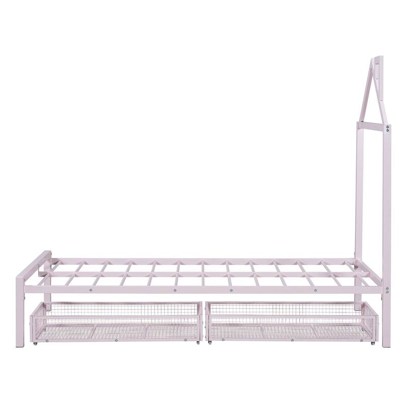 Twin Size Metal Platform Bed with Two Drawers & House Headboard