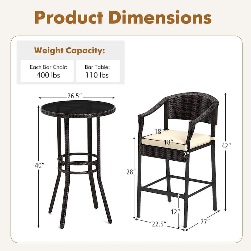 3PCS Patio Rattan Bar Set Cushioned High Top Bistro Furniture
