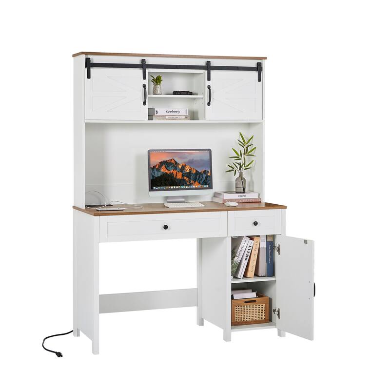 47" Farmhouse Executive Desk with Drawers, Wood Home Office Desk w/Charging Station, File Drawer, Storage Cabinet