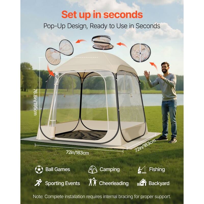 Beige-Transparent-Black Pop-Up Sport Bubble Tent 4-Side Outdoor Shelter - 72.05 × 72.05 × 76.77 in
