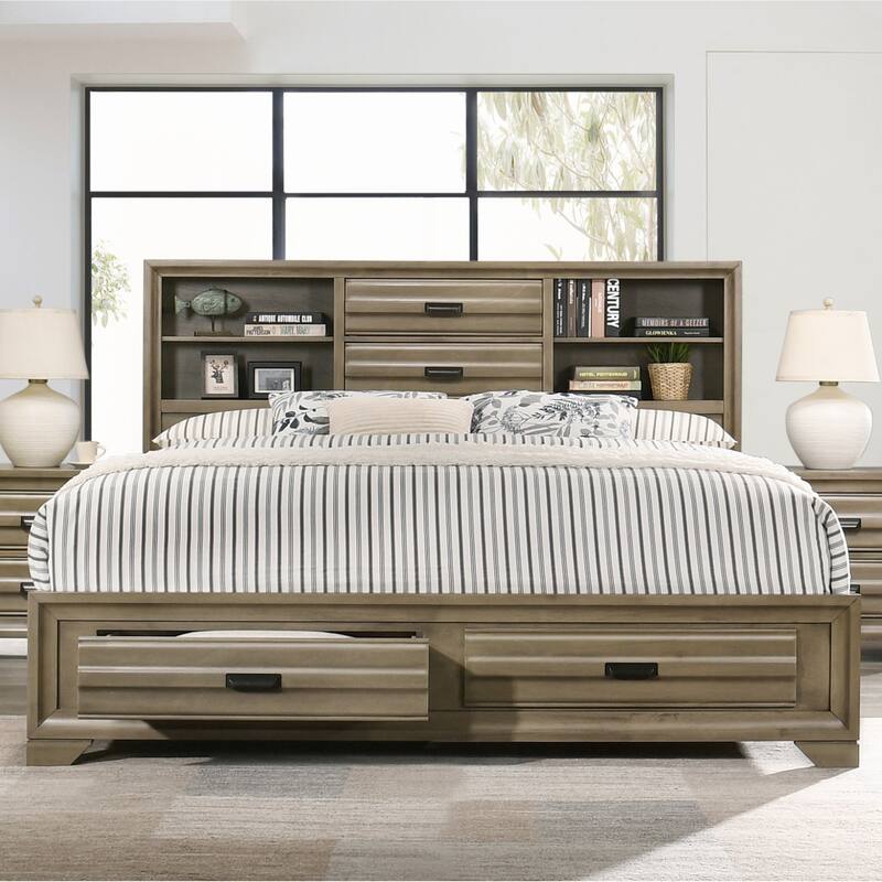 Roundhill Furniture Loiret Rubbed Gray Oak Finish Wood Storage Platform Bedroom Set with Dresser, Mirror, Nightstand, Chest