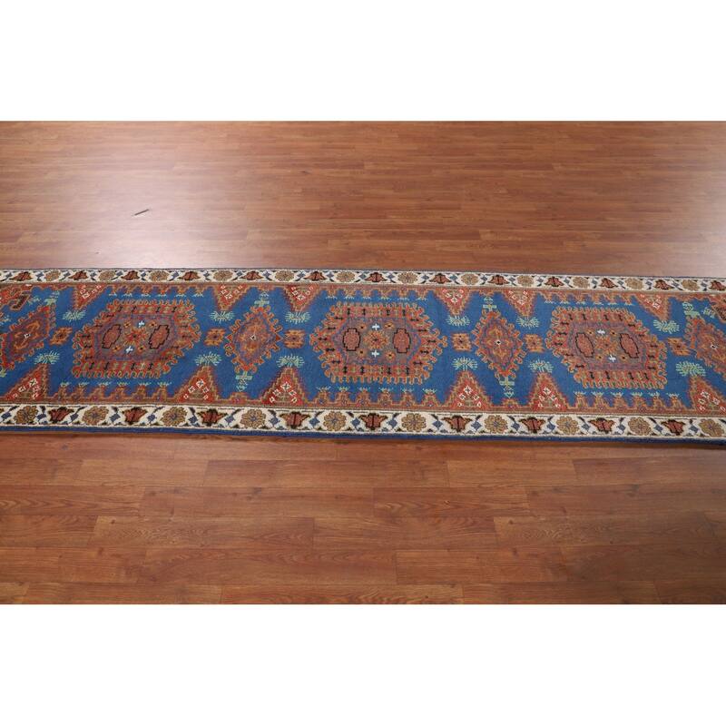 Blue Geometric Viss Indian Runner Rug Handmade Wool Carpet - 2'7"x 10'1"