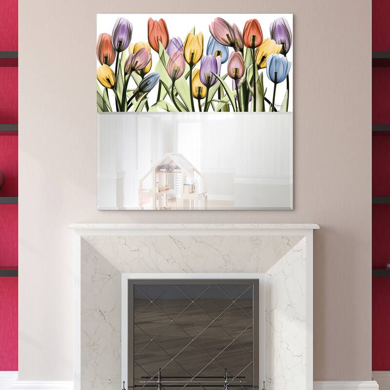 "Tulip Scape" Square Beveled Mirror on Free Floating Printed Tempered Art Glass - Clear - 38 x 38