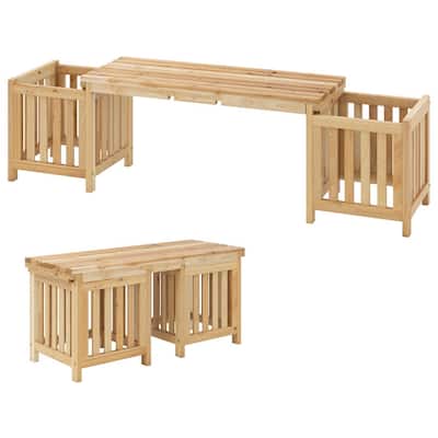 Natural Fir Wood Outdoor Bench with Planters 2-in-1 Patio Seating - 68" x 16" x 19"