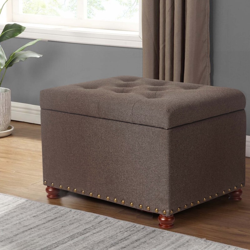 Adeco Storage Ottoman Tufted Linen Wood Bench with Nails - Coffee