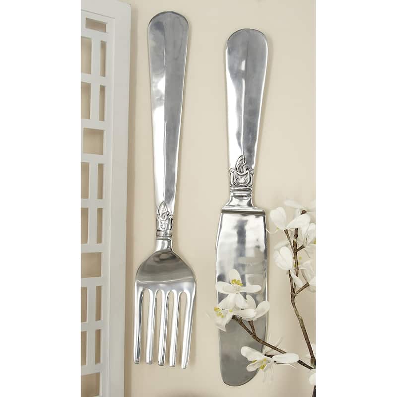 Aluminum Metal Large Knife, Spoon, and Fork Utensils Wall Decor (Set of 3) - Silver or Copper