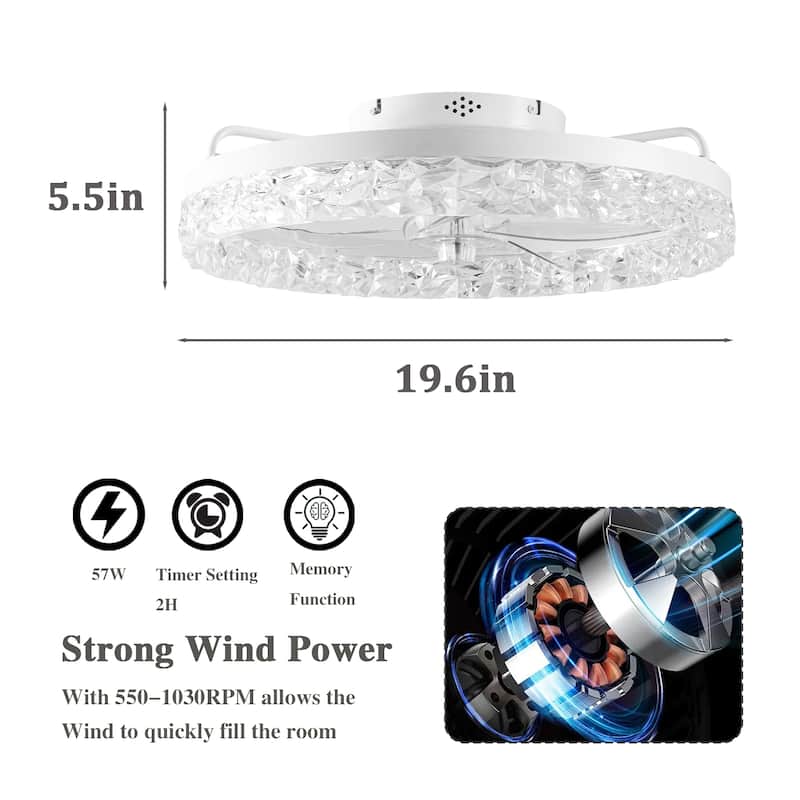 19" Bedroom Fan Light with Remote Control, Dimmable, 7 Blades, Reversible DC Motor, with LED Light