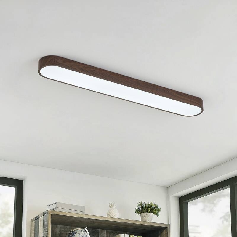 Modern Linear Flush Mount Ceiling Light Matte White Metal with Wood Grain Accent Milky White Diffuser