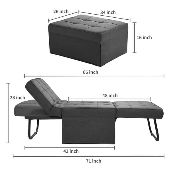 4-in-1 Convertible Sofa Bed Ottoman - Folding Linen Futon Chair With Adjustable Backrest For Apartment, Dark Grey