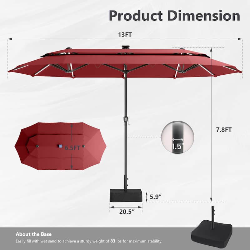 MAISON ARTS 13ft Double-Sided Outdoor Umbrella, 2-Tier Vented Market Umbrella with Colored Lights and Base