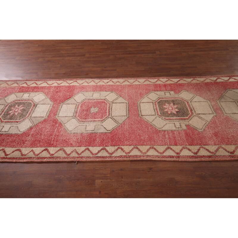 Pink & Red Geometric Anatolian Turkish Runner Rug Handmade Wool Carpet - 3'9"x 12'6"