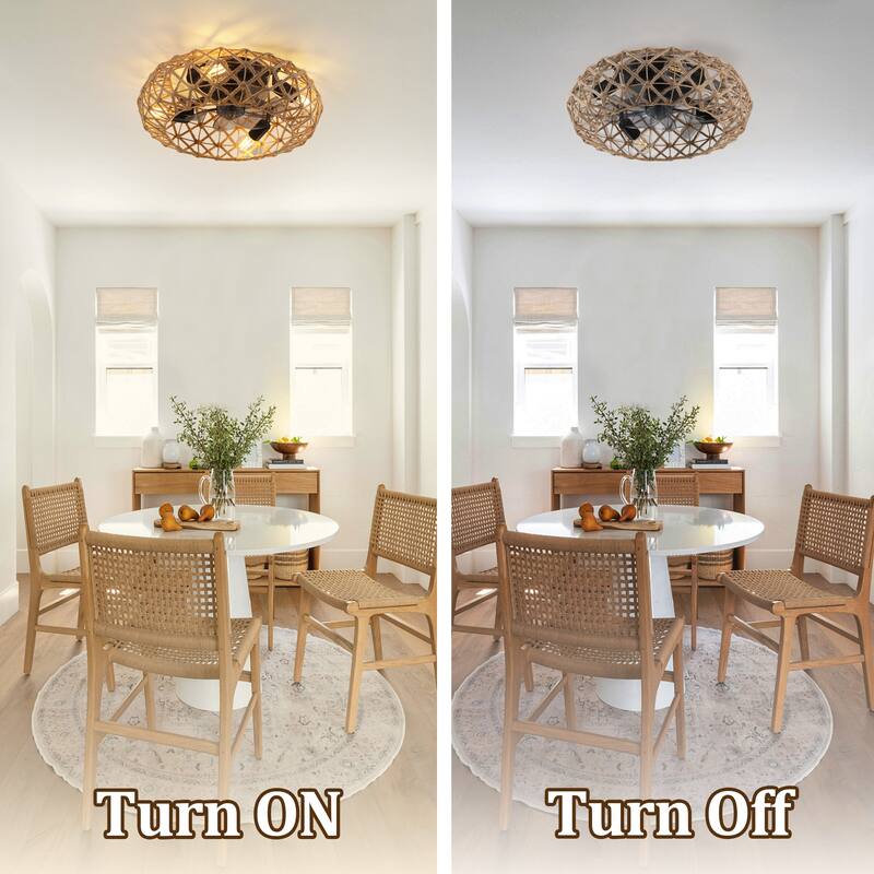 19" Ceiling-mounted Jute Rope Fan Light Strip with 4 Bulbs, Dimmable, 7 Dlades, Reversible DC Motor - Earthy Yellow