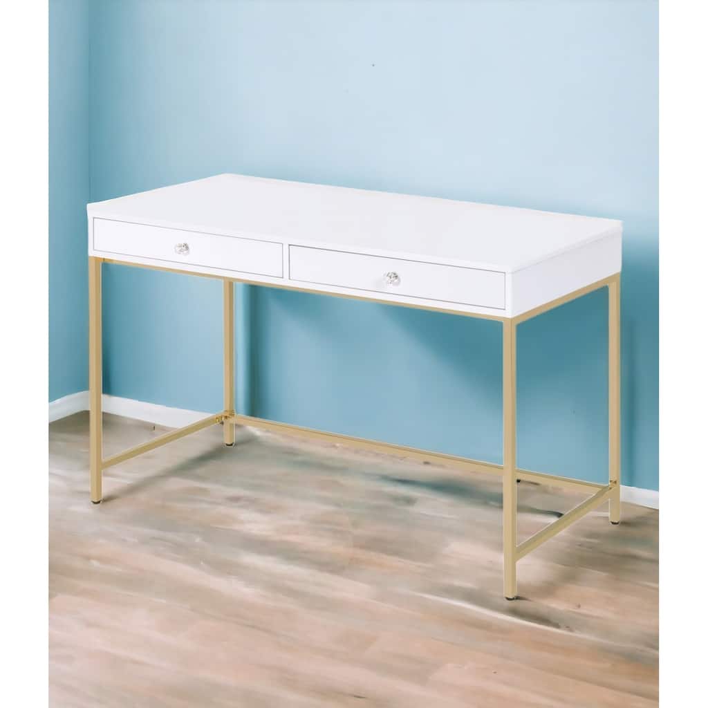 47" White and Gold Computer Desk With Two Drawers
