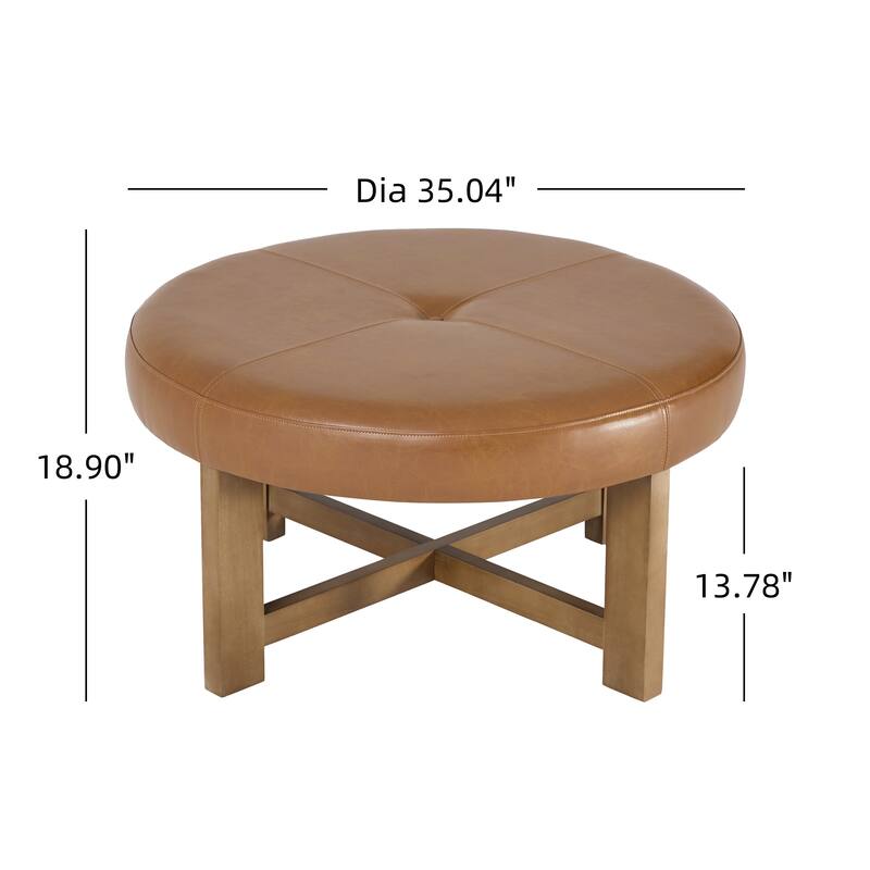 Christopher Knight Home - Marlowe Modern Round Faux Leather Ottoman Coffee Table with Tufted Top and Wood Base