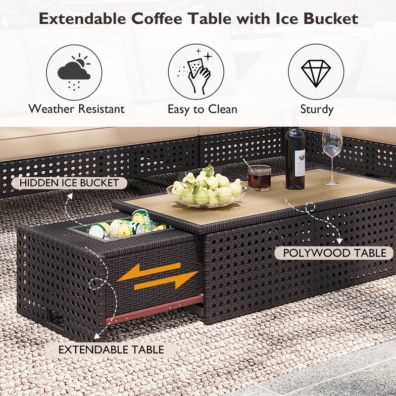 Outdoor 6-Piece Rattan Sectional Sofa Set with Adjustable Seat & Ice Bucket Table