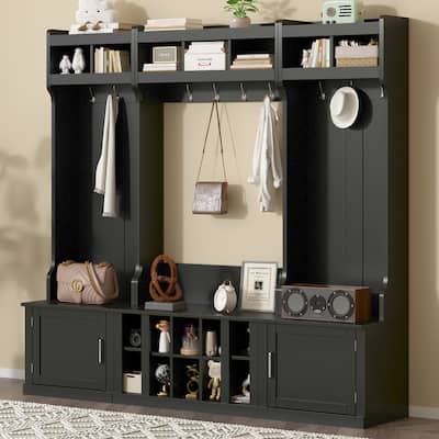 Roomfitters Wide Hall Tree with Storage Bench, 4-in-1 Entryway Organizer with Coat Rack, Shoe Cubbies and Shelves for Hallway