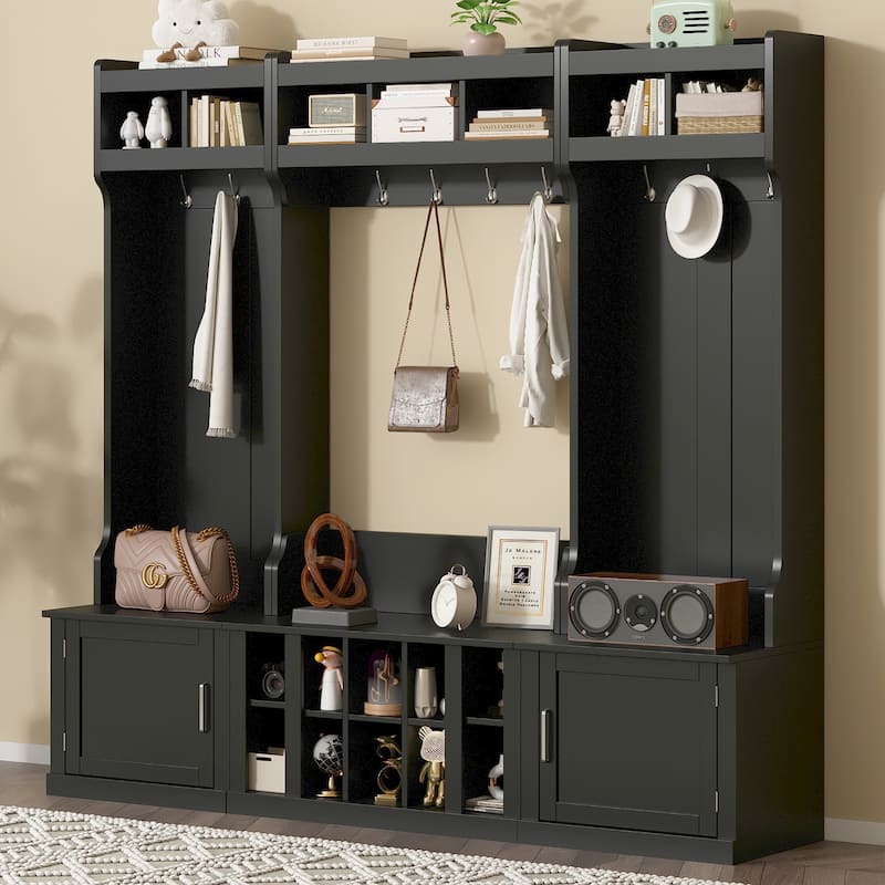 Wide Design Hall Tree with Storage and Bench, 4-IN-1 Multi-functional Entryway Bench with Coat Rack and Shoe Cubbies