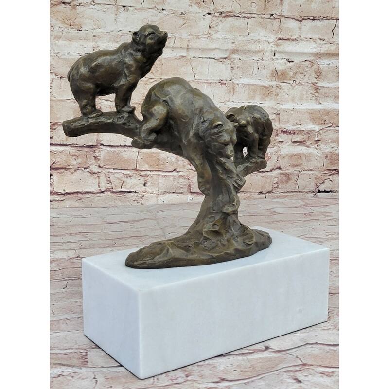 Green Patina Bear Family On A Tree Stump Bronze Sculpture Statue Figurine