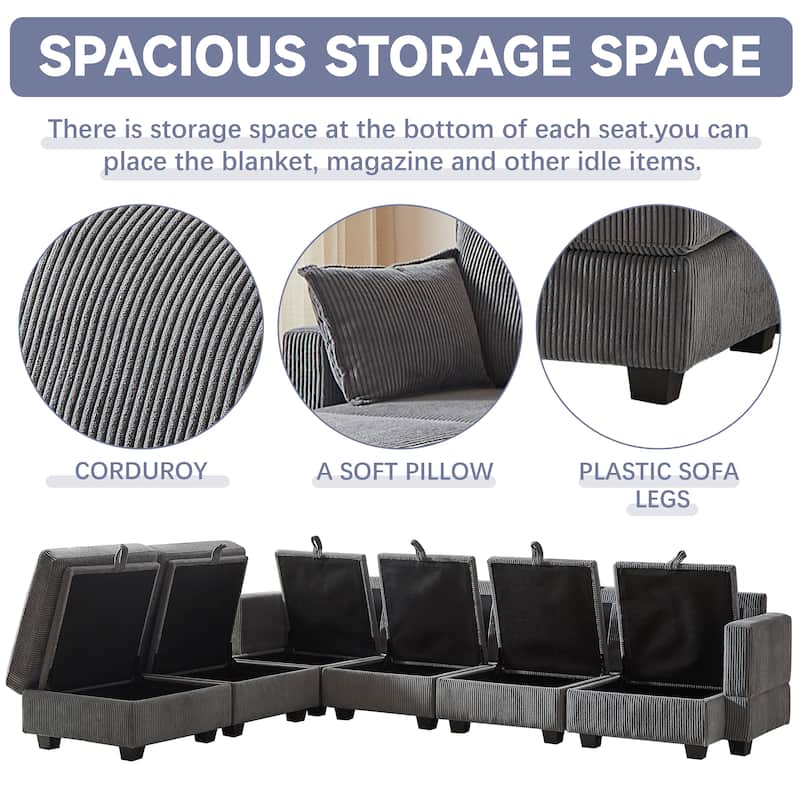 Roomfitters 113.5" Modular Corduroy U-Shaped Sectional Sofa, 6-Seater Convertible Couch with Chaise and Storage Ottoman