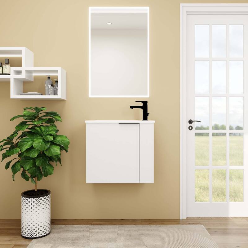 22 inch Plywood Wall-Mounted Bathroom Vanity in Grey Oak with Integrated Ceramic Sink in White with Soft Closing Door