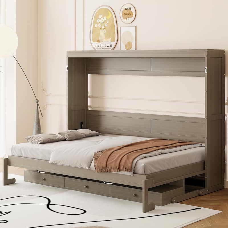 Queen Murphy Bed with Storage & Vanity Desk, Wall Mounted Folding Cabinet Bed with Mirror and Drawers for Small Space - Distressed Grey